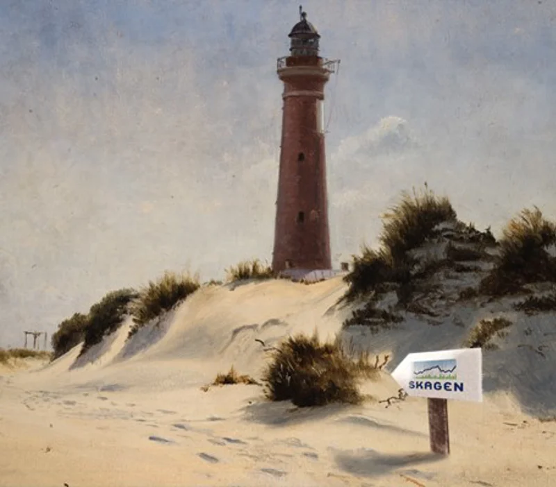 maleri av strand med skilt peker mot skagen